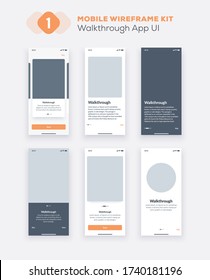 Wireframe UI kit for smartphone. Mobile App UX design. New OS Walkthrough and start application screens.