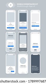 Wireframe UI kit for smartphone. Mobile App UX design. New OS Walkthrough and start application screens.