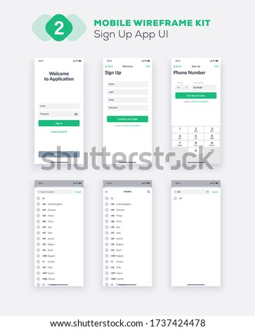 Wireframe UI kit for smartphone. Mobile App UX design. New OS sign up: registration form, input fields, phone number, numeric keypad, and country screens.