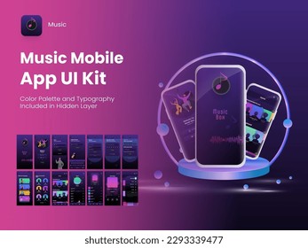 Wireframe UI, UX and GUI Layout with Different Login Screens including Account Sign In, Sign Up, Playlist for Music Mobile App.