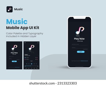 Wireframe UI, UX and GUI Layout with Login, Playlist Screen for Music Mobile App.