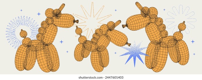 Wireframe Unicorn Balloons. 3D shapes in trendy futuristic style with a grainy stippling effect. Brutal forms. Vector modern dots illustration. Brutalism Y2K graphic.