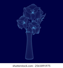 Wireframe vase with blooming flowers for decoration. Vector illustration