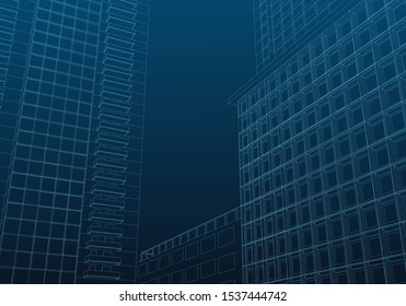 Wireframe vector city. 3d perspective render. Abstract background with place for text. Can be used for flyers, brochures, advertising in building and engineering sphere