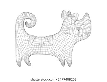 Wireframe Vector Illustration of happy cat. Cute funny tabby kitten with small paws and swirled tail. Isolated vector template of cat.