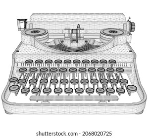 Wireframe of a vintage typewriter from black lines isolated on white background. Front view. 3D. Vector illustration
