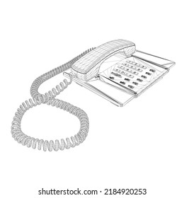 Wireframe of a vintage wired telephone from black lines isolated on a white background. Perspective view. 3D. Vector illustration.