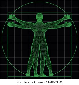 Wireframe Vitruvian Man. Vector Illustration