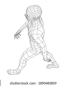 Wireframe walking man. Vector 3d rendering. Man in walking pose
