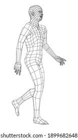 Wireframe walking man. Vector 3d rendering. Man in walking pose