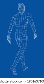 Wireframe walking man. Vector 3d rendering. Man in walking pose