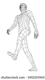 Wireframe walking man. Vector 3d rendering. Man in walking pose