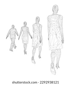 Wireframe of walking people in a row of black lines isolated on white background. A man and three women. Back view. 3D. Vector illustration.