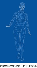 Wireframe walking woman. Vector 3d rendering. Female in walking pose