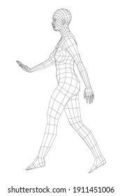 Mujer que camina con armazón. Representación vectorial 3d. Mujer en posición de caminar