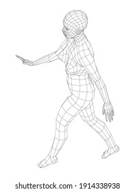 Wireframe walking woman. Vector 3d rendering. Female in walking pose