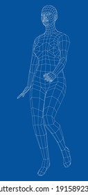 Wireframe walking woman. Vector 3d rendering. Female in walking pose