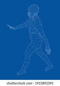 Wireframe walking woman. Vector 3d rendering. Female in walking pose