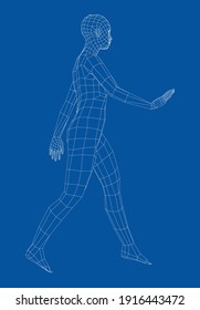 Wireframe walking woman. Vector 3d rendering. Female in walking pose