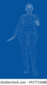 Wireframe-Wanderfrau. 3D-Darstellung von Vektorgrafiken. Frau in Gehposition