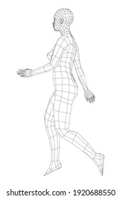 Mujer que camina con armazón. Representación vectorial 3d. Mujer en posición de caminar