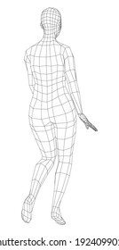 Wireframe walking woman. Vector 3d rendering. Female in walking pose