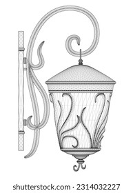 Wireframe for wall decorative lantern made of black lines isolated on white background. Side view. 3D. Vector illustration.