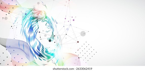 Wireframe wave with swirling pattern of colored elements in the center. Scientific background. Vector.