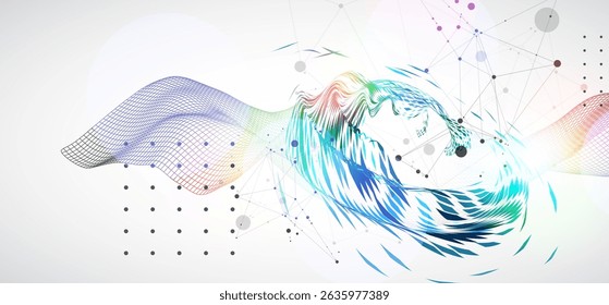 Wireframe wave with swirling pattern of colored elements in the center. Scientific background. 