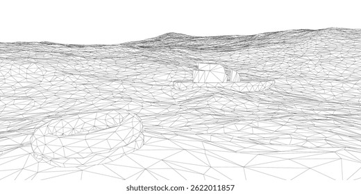 Wireframe of a wavy sea with waves, a ship and a lifebuoy. 3D