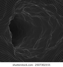 Túnel ondulado de estructura metálica. Fondo de cuadrícula 3D. Ilustración vectorial.