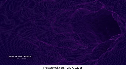 Wireframe wavy tunnel. 3D grid background. Vector illustration.