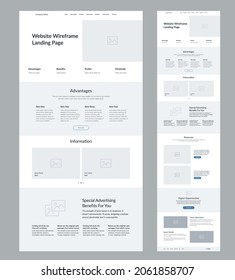 Wireframe website design template. Modern landing page responsive layout. UI UX site.
