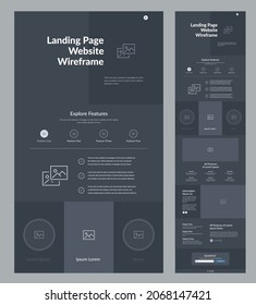 Wireframe website design template. Modern landing page responsive layout. UI UX site.