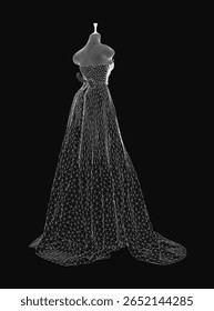Um vestido de casamento wireframe em um manequim apresenta um trem longo intricadamente detalhado e corpete equipado. O tecido leve e arejado cria uma silhueta romântica e elegante contra o fundo preto.