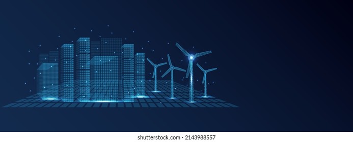 Wireframe Wind mills and big city made of glowing triangles, lines, dots. Wind turbines field. Renewable alternative sources of electric energy. Low polygonal wire frame design. Vector illustration.