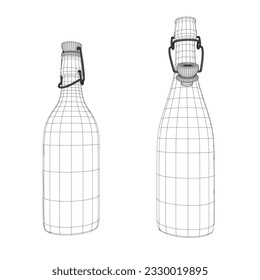 Wireframe wine bottles on white background. Wireframe Open and closed bottle of wine. Vector illustration. 3D