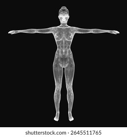 Wireframe woman with arms outstretched, showcasing a detailed 3D model of human anatomy against a black background. The skeletal structure and musculature are clearly visible, emphasizing a.
