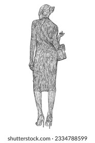 Wireframe of a woman with shopping bag vector. Young stylish woman in trench dress. Fashion illustration in sketch style. Vector illustration. 3D.