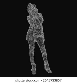 Uma mulher em forma de arame em um terno e chapéu fica contra um fundo preto, composto de linhas intrincadas e formas geométricas. O modelo humano 3D detalhado apresenta um design estilizado e futurista