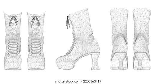 Wireframe of women's shoes with high heels from black lines isolated on white background. Front, side, back view. 3D. Vector illustration.