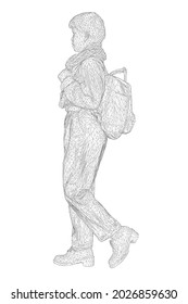 Wireframe of a young girl walking with a backpack behind her, in a hat and a scarf made of black lines, isolated on a white background. Side view. 3D. Vector illustration