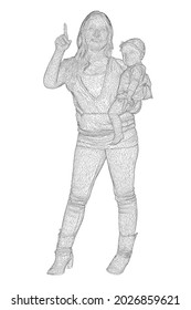 Wireframe of a young mother with a baby in her arm, the other hand is raised up from black lines, isolated on white background. Front view. 3D. Vector illustration