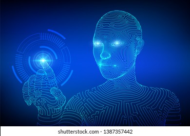 Wireframed female cyborg touching digital graph interface. AI. Artificial intelligence concept. Robotic hand touching digital interface. Touch the future wireframe design. Vector illustration.