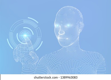 Wireframed female cyborg touching digital graph interface. AI. Artificial intelligence concept. Robotic hand touching digital interface. Touch the future wireframe design. Vector illustration.