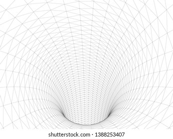 Wireframed hole. Vector abstract digital background. 3D tunnel grid. Wireframe 3D surface tunnel. Grid texture