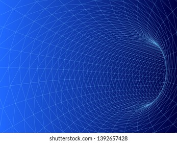 Wireframed hole. Vector abstract digital background. 3D tunnel grid. Wireframe 3D surface tunnel. Grid texture