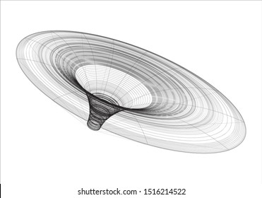 The wireframed structure of the gravitational field of a black hole, isolated on white background - Vector
