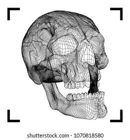 Wireframes Human Skull, Scary, Locally deformed lines on dark background, geometric polygons line art. Cartoon style. Isolated object. Design materials. 3D scanning. Vector illustration.