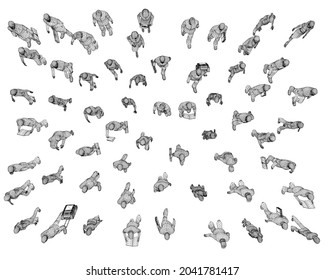 Wireframes of people go, stand in different poses isolated on white background. View from above. 3D. Vector illustration